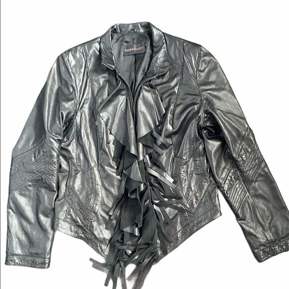 Pasha Veneto Ruffle and fringe genuine leather jacket - Picture 3 of 14